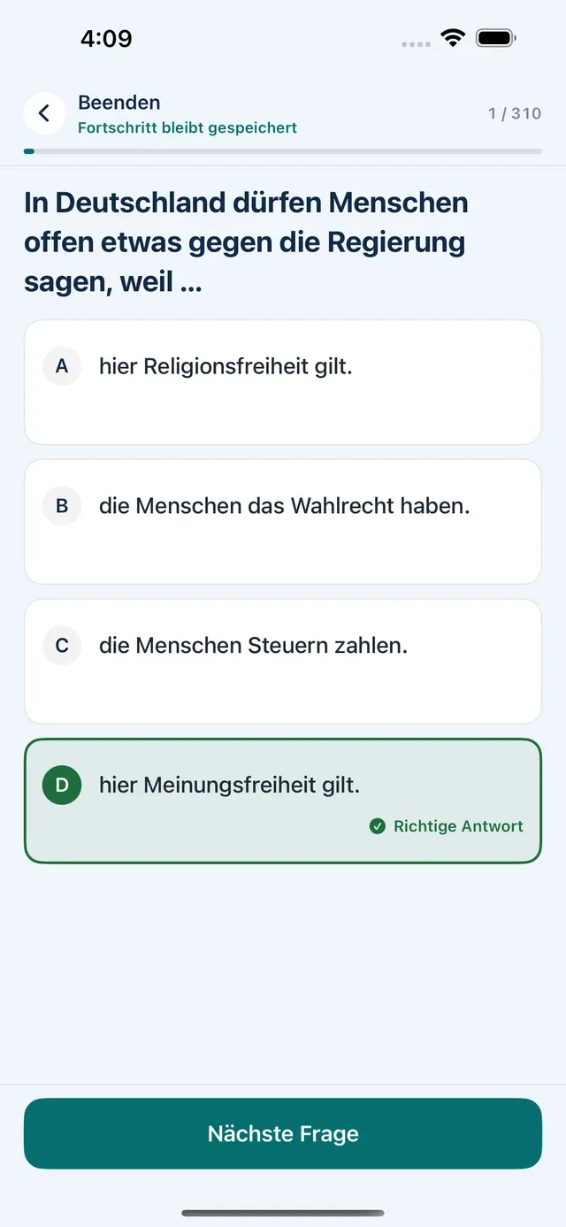 Deutscher Einbürgerungstest app: practice question from the official catalogue