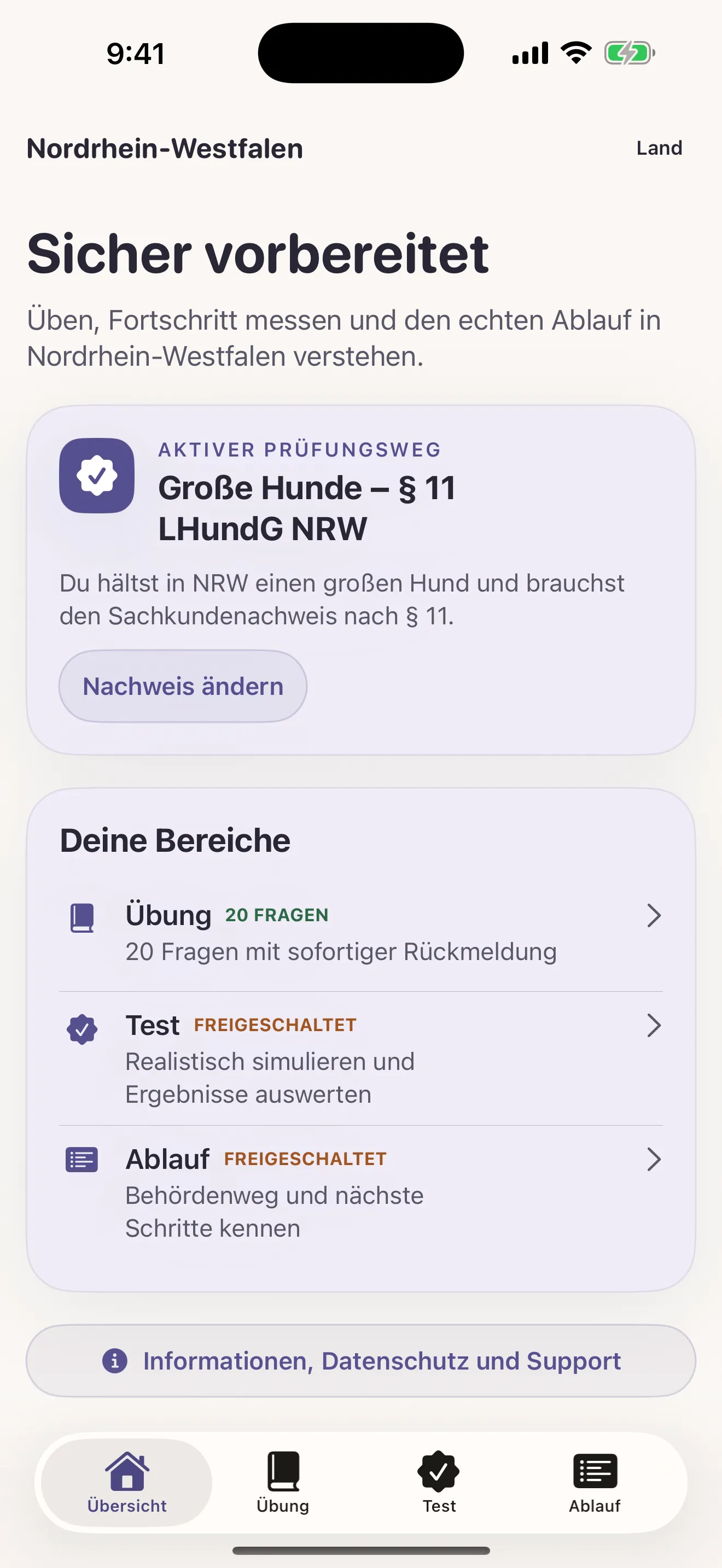 Sachkunde app: overview screen for the Nordrhein-Westfalen exam path
